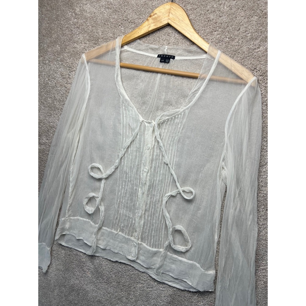 Theory White Sheer Pintuck Pleated Button Front Blouse Top Large Romantic Gauze - Picture 4 of 10